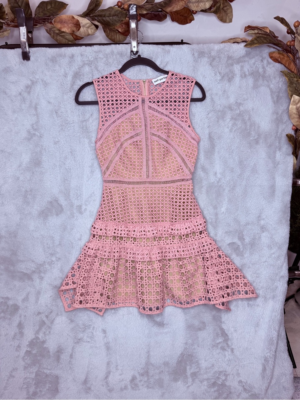 Self-Portrait Pink Guipure Lace Ruffle Mini Dress US 4 UK 8